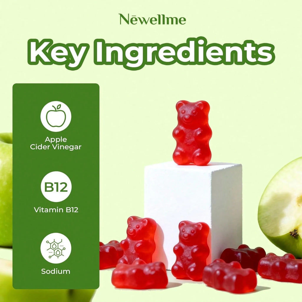 NEWELLME Sugar-Free Apple Cider Vinegar Gummies for Metabolism - 1000mg ACV with The Mother & Vitamin B12 for Energy Support - Vegan, Gluten-Free, 60 Counts