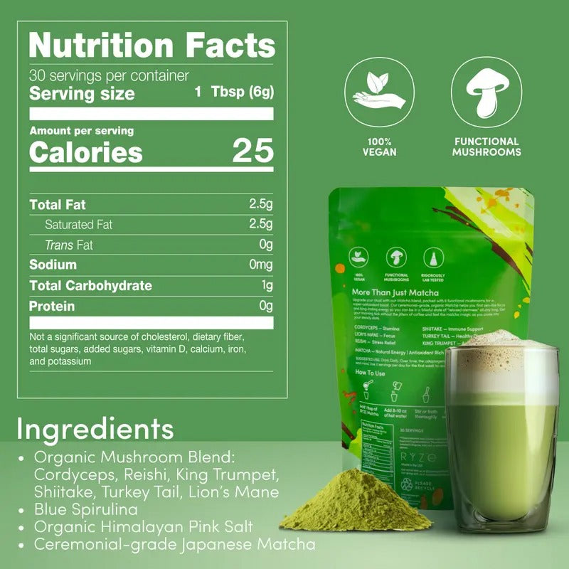 RYZE Mushroom Matcha, USDA Organic with 6 Adaptogenic Mushrooms and Ceremonial-Grade Japanese Matcha for Energy, Focus, Digestion, Immunity with Turkey Tail, Shiitake, Lion's Mane, Reishi, 30 servings