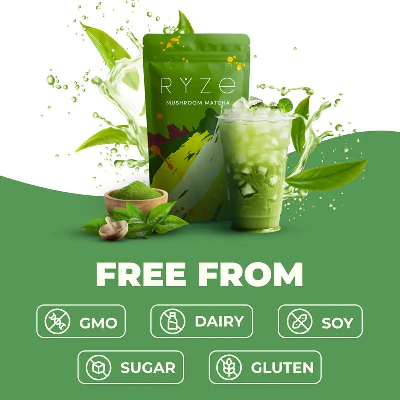 RYZE Mushroom Matcha, USDA Organic with 6 Adaptogenic Mushrooms and Ceremonial-Grade Japanese Matcha for Energy, Focus, Digestion, Immunity with Turkey Tail, Shiitake, Lion's Mane, Reishi, 30 servings