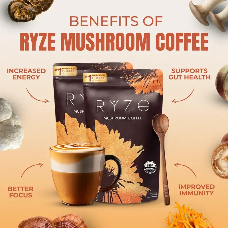 RYZE Mushroom Coffee Starter Kit 2pack– USDA Organic Medium Roast Instant Coffee with 6 Adaptogenic Mushrooms & MCT Oil – Energy, Focus, Gut Health – 60 Servings