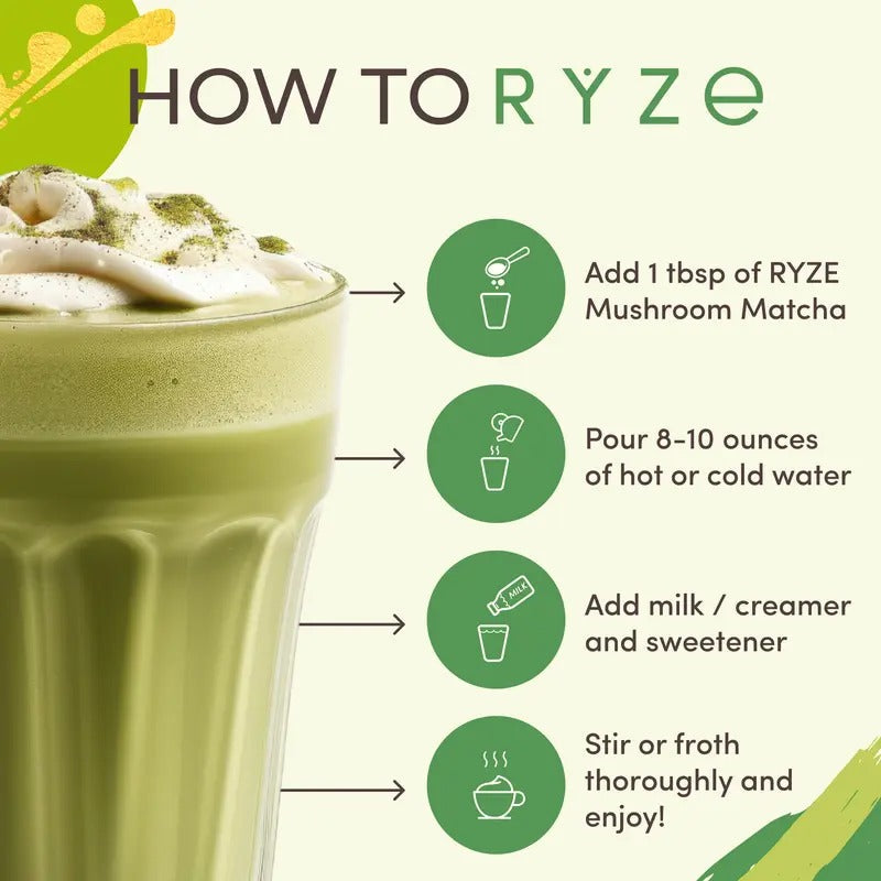 RYZE Mushroom Matcha Starter Kit – USDA Organic, 6 Adaptogenic Mushrooms & Ceremonial-Grade Japanese Matcha | Energy, Focus, Digestion & Immunity, 60 Servings
