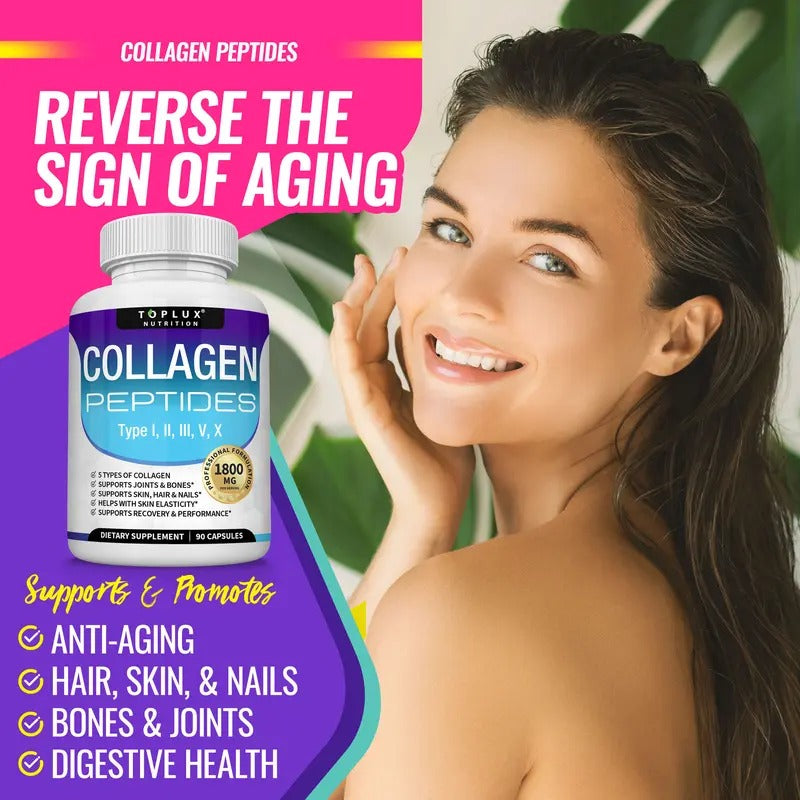 Toplux Nutrition Collagen Peptides 1800mg – 5 Types Complex for Skin, Joints, Fitness, & Beauty – 90 Capsules, Made in the USA