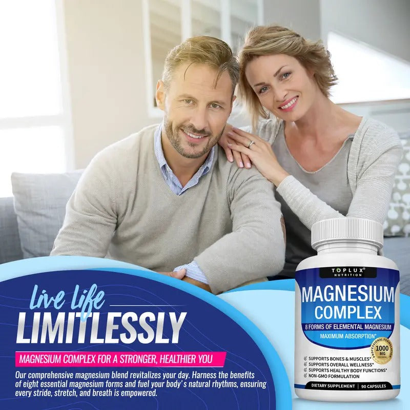 Toplux Magnesium Complex 1000mg – 8 Essential Magnesium Types for Muscle Health, Stress Relief, and Bone Support