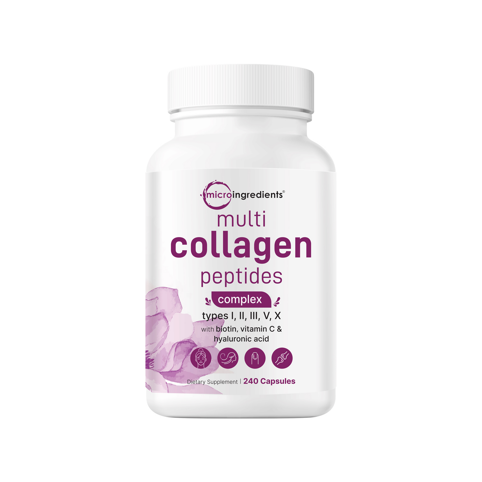 Bottle of multi collagen peptides on a white background