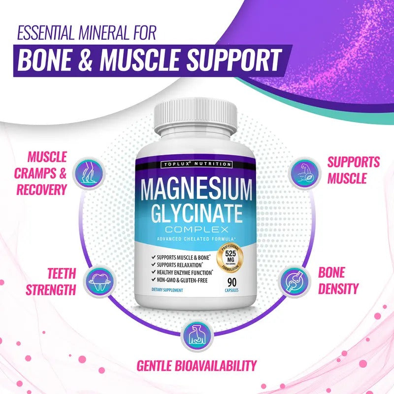 Toplux Magnesium Glycinate 525mg – High Absorption Elemental Magnesium Supplement for Muscle Relaxation, Sleep & Health – 60 Capsules