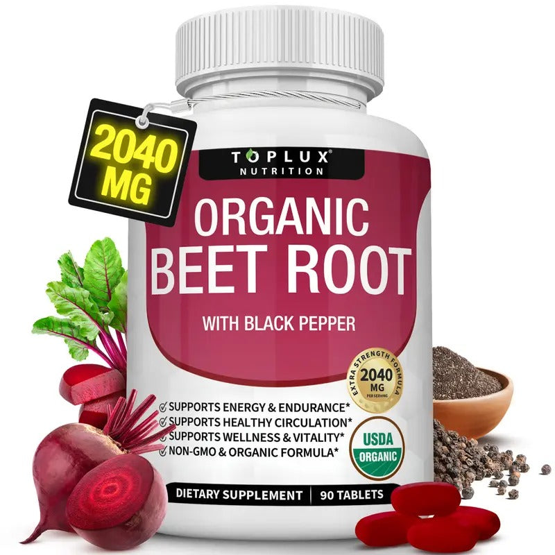 Toplux Organic Beet Root Tablets 2040mg - Nitric Oxide Booster for Heart Health, Energy & Performance - 90 Vegan Tablets