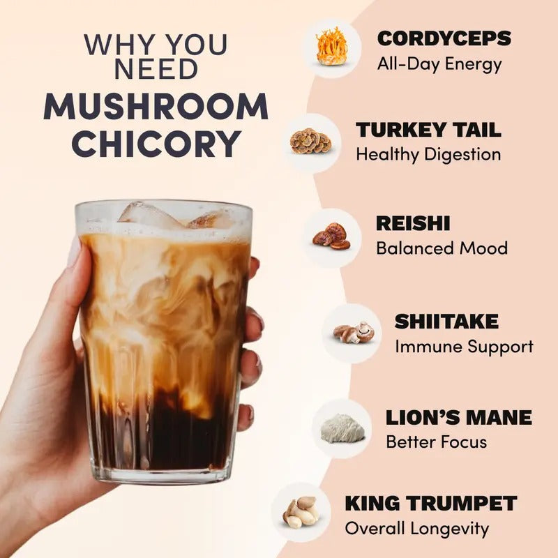 RYZE Mushroom Chicory Coffee – Caffeine-Free Organic Coffee Alternative with 6 Adaptogenic Mushrooms – Keto-Friendly for Energy, Focus & Gut Health – 30 Servings
