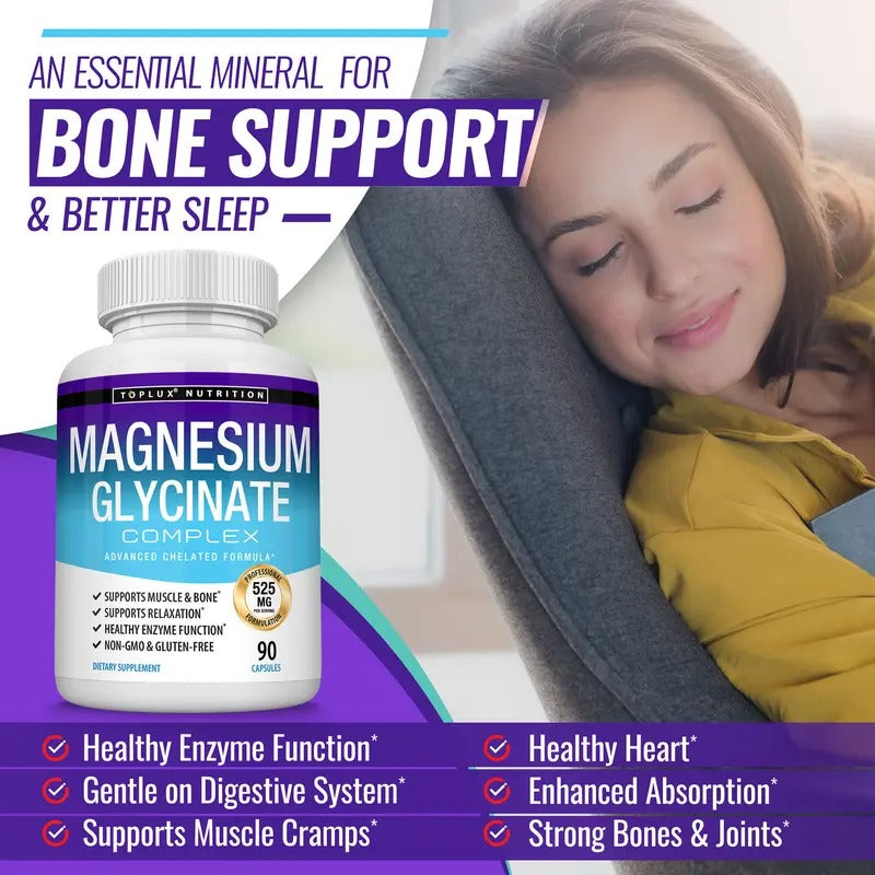 Toplux Magnesium Glycinate 525mg – High Absorption Elemental Magnesium Supplement for Muscle Relaxation, Sleep & Health – 60 Capsules