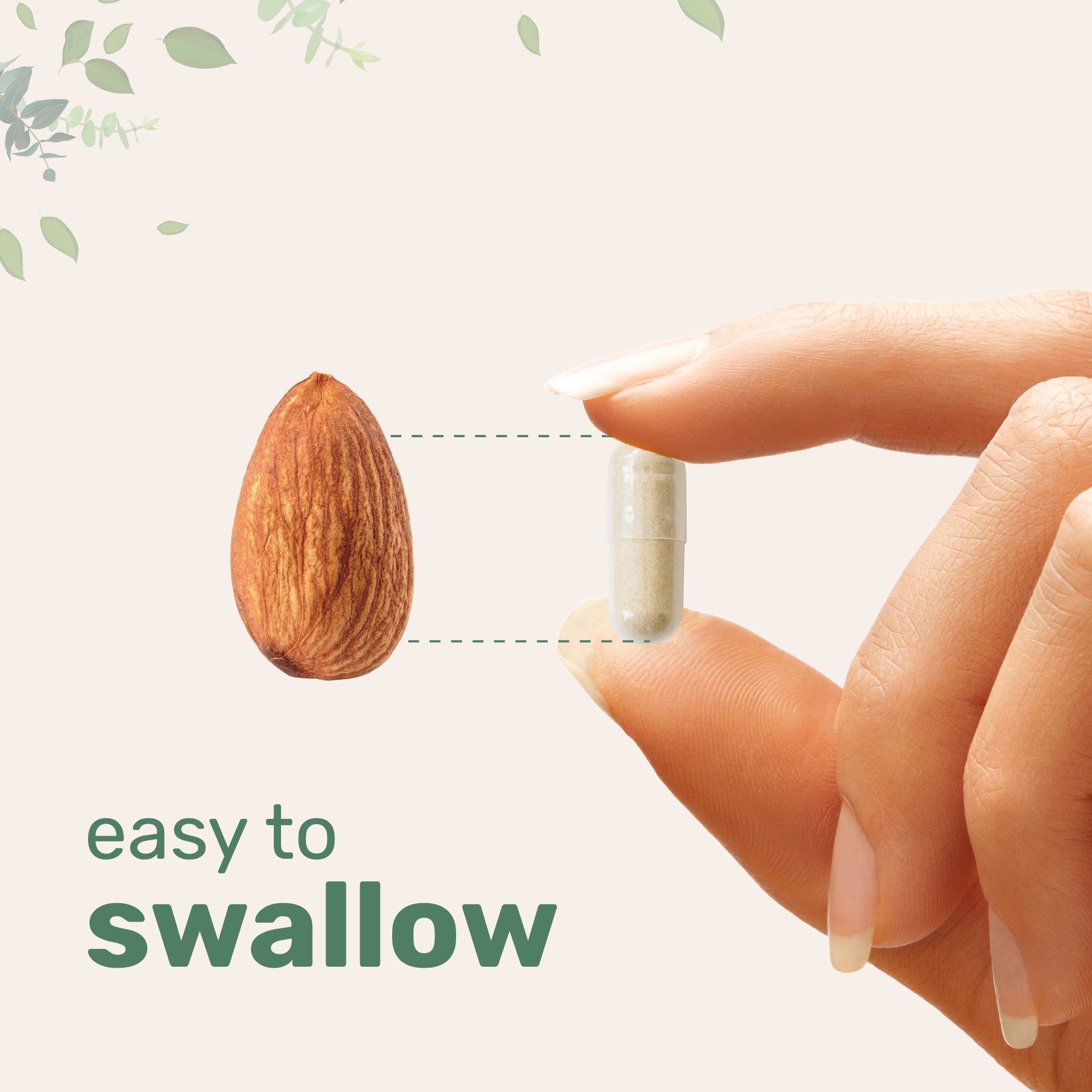 Hand holding a pill next to an almond with text 'easy to swallow' on a light background