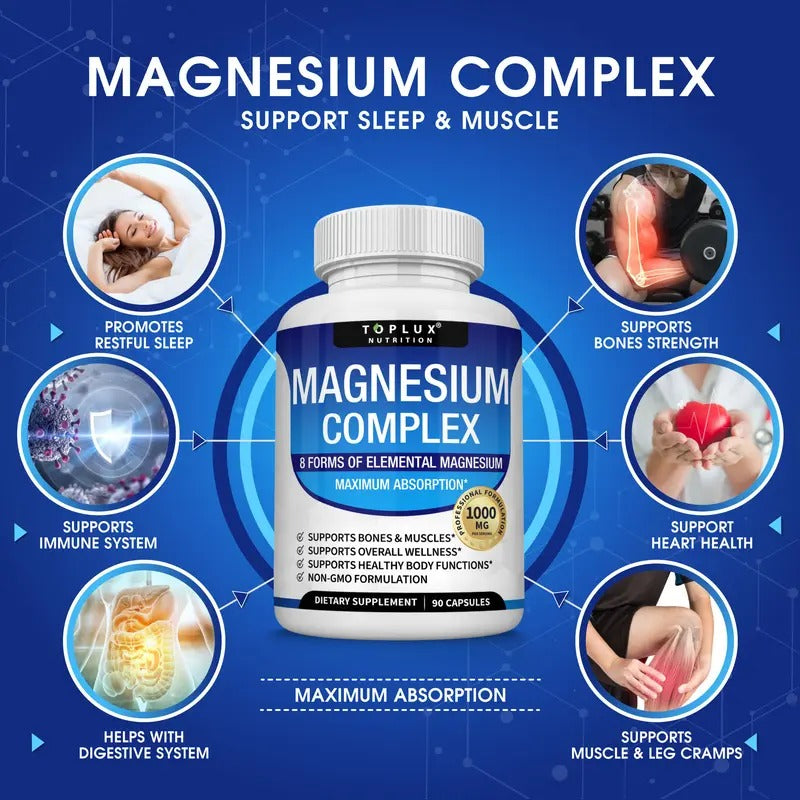 Toplux Magnesium Complex 1000mg – 8 Essential Magnesium Types for Muscle Health, Stress Relief, and Bone Support