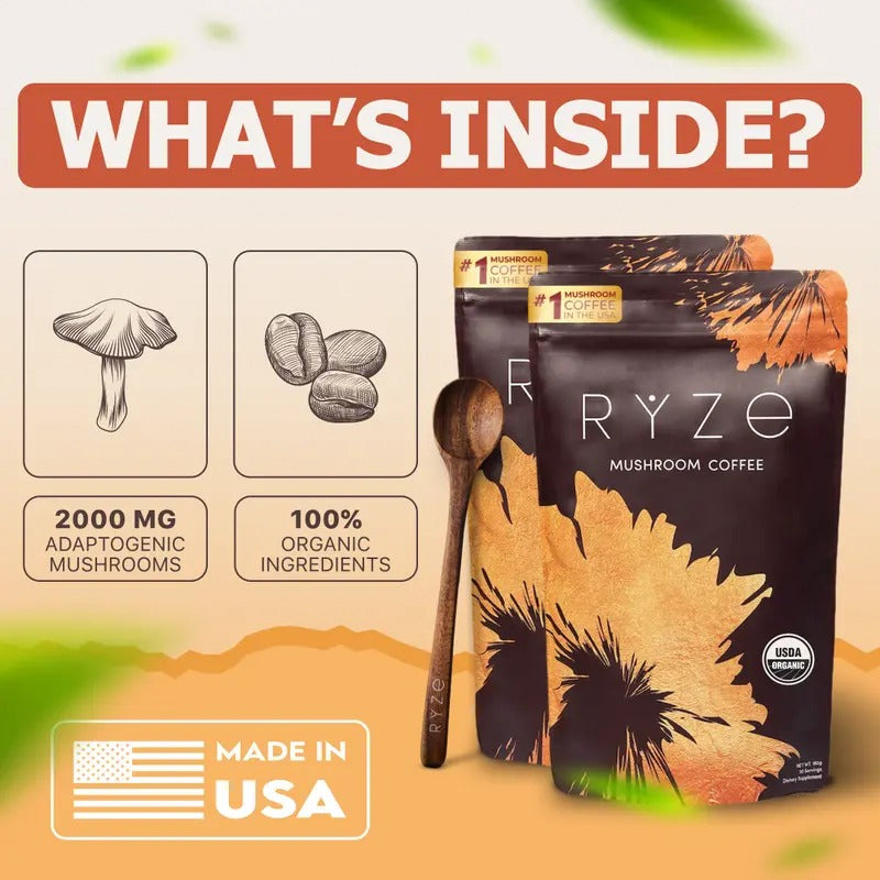 RYZE Mushroom Coffee Starter Kit 3-Pack – USDA Organic Medium Roast Instant Coffee with 6 Adaptogenic Mushrooms & MCT Oil – Energy, Focus & Gut Health – 90 Servings