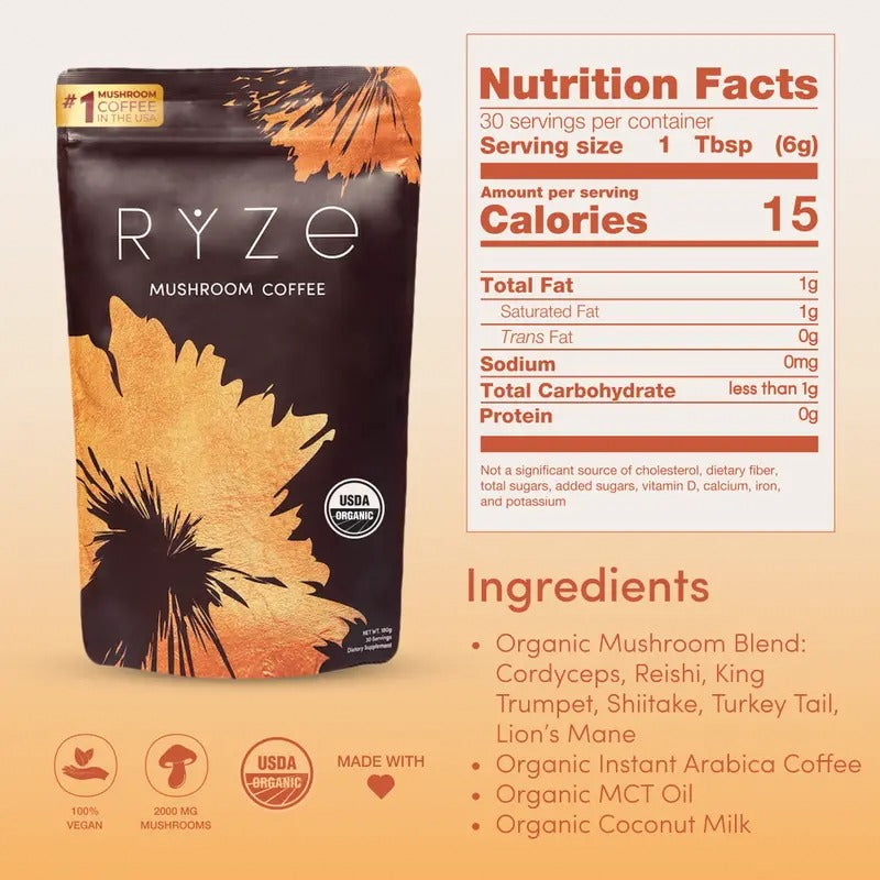 RYZE Mushroom Coffee Starter Kit 2pack– USDA Organic Medium Roast Instant Coffee with 6 Adaptogenic Mushrooms & MCT Oil – Energy, Focus, Gut Health – 60 Servings