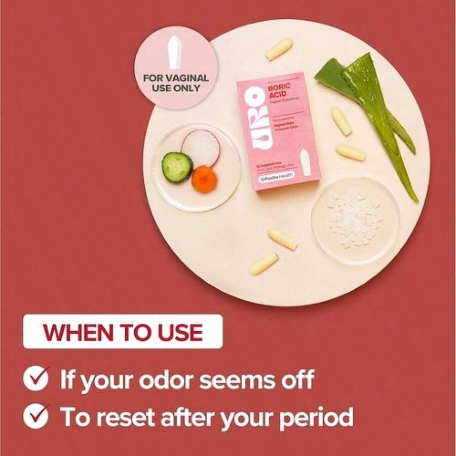 O Boric Acid Vaginal Suppository W/ Lactic Acid & Aloe For Vaginal Odor, 12 Ct