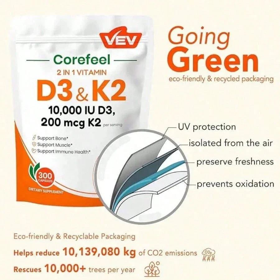 VEV Vitamin D3 K2 10000 , 300 Virgin Coconut Oil Softgels, 2 In 1 Vitamins Supplement D & K, Dietary Supplemental Pack, Free Shipping, Daily Health Care, For Women