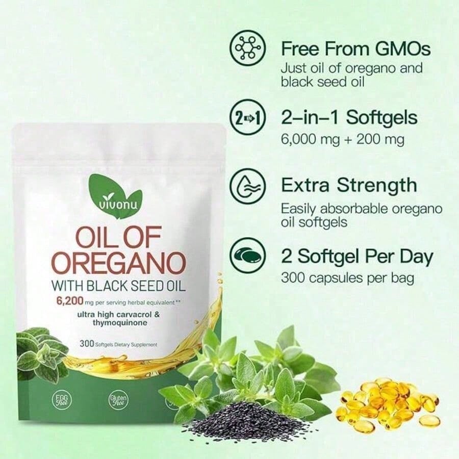 VivoNu Oregano Oil Capsules, Organic Black Seed Oil Blend, Carvacrol Thymoquinone, Non-GMO