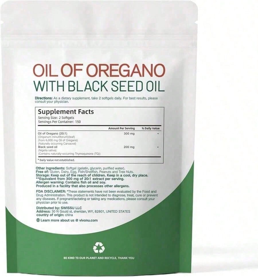 VivoNu Oregano Oil Capsules, Organic Black Seed Oil Blend, Carvacrol Thymoquinone, Non-GMO