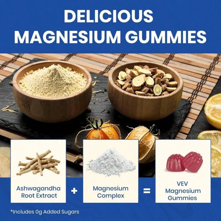 VEV DeepCalm Magnesium Complex Gummies - Ashwagandha & L-Theanine Blend With D3 & Zinc, 90 Count