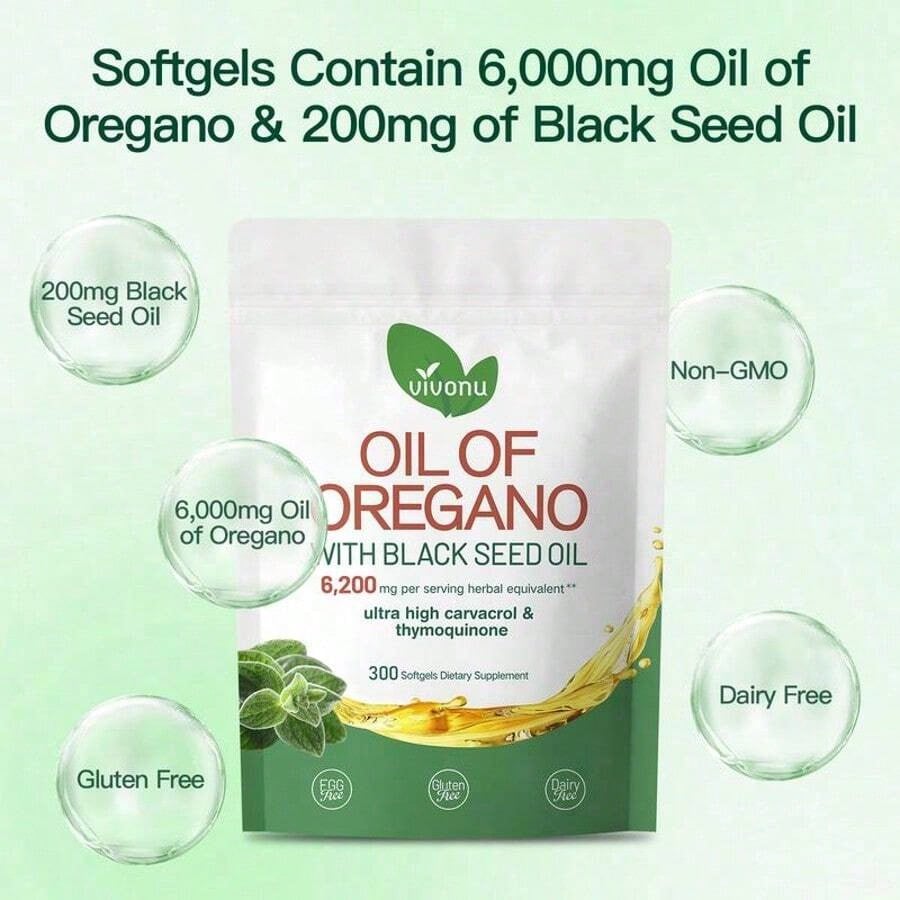 Vivonu Oil Of Oregano With Black Seed Oil Softgels | 6200mg Herbal Equivalent Per Serving | Ultra High Carvacrol & Thymoquinone | 300 Softgels | Gluten & Dairy Free