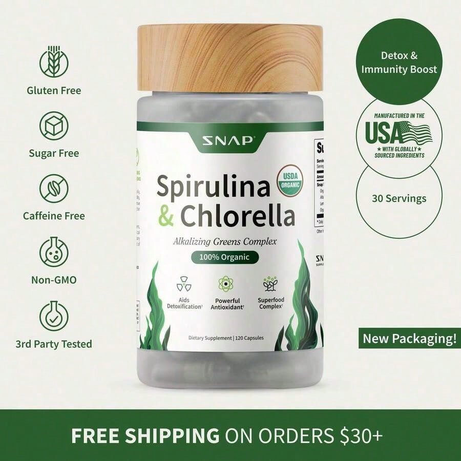 '- Spirulina + Chlorella - 30 Servings - Natural Supplement Capsules Healthcare Edible