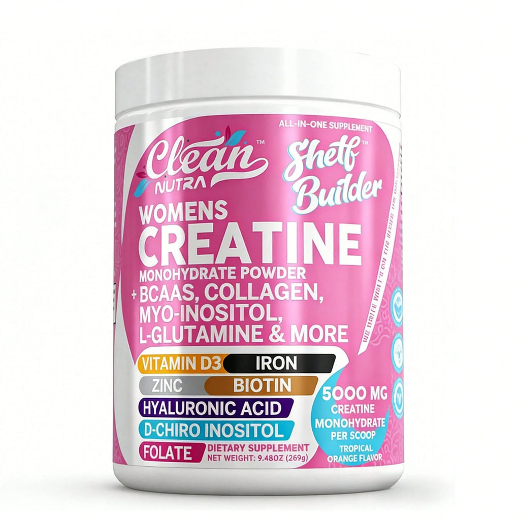 CleanNutra Women's Creatine Monohydrate Powder | 5000mg With BCAAs, Collagen, Myo-Inositol, L-Glutamine, D3, Iron, Zinc, Biotin, Hyaluronic Acid, Folate | Tropical Orange Flavor, 9.48oz