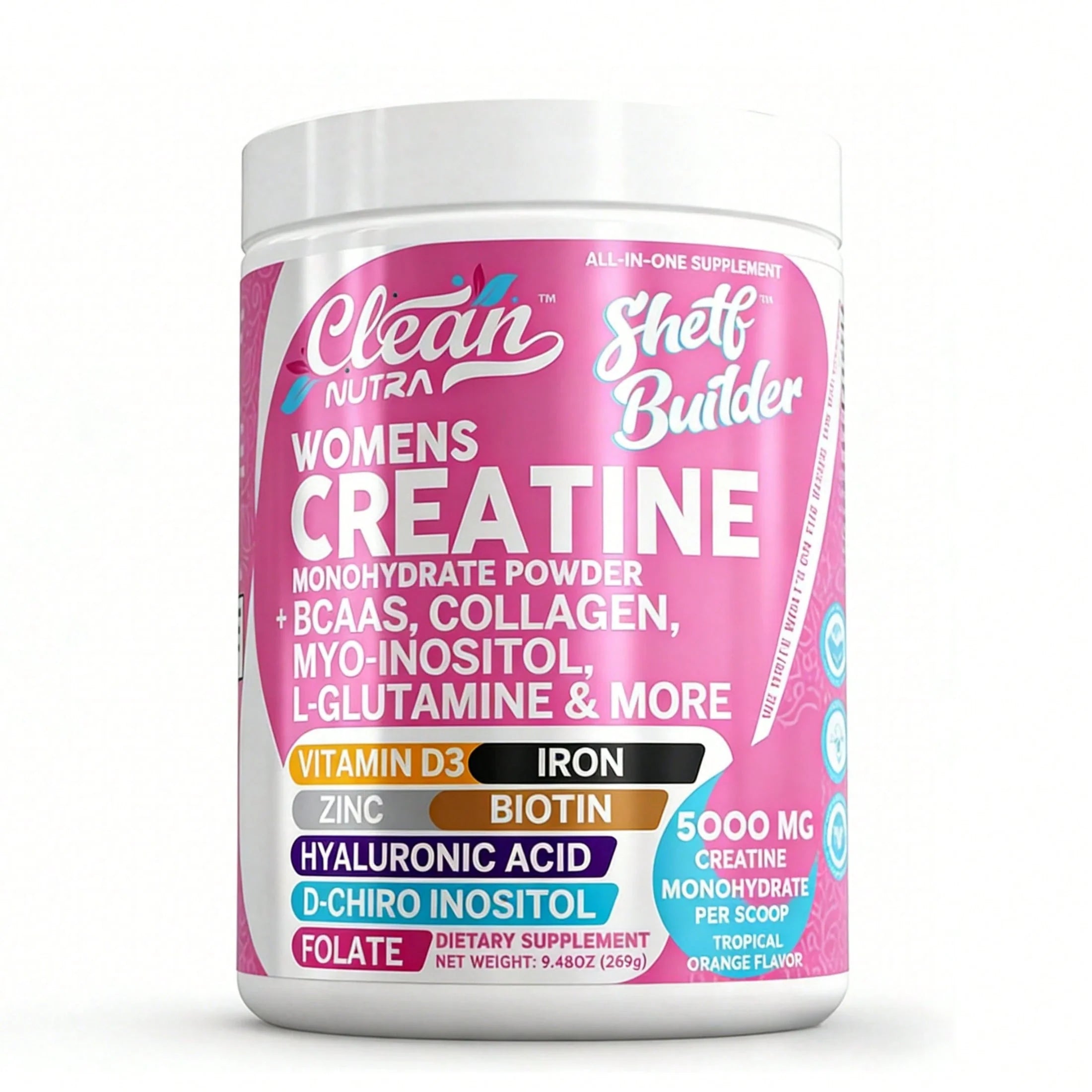 CleanNutra Women's Creatine Monohydrate Powder | 5000mg With BCAAs, Collagen, Myo-Inositol, L-Glutamine, D3, Iron, Zinc, Biotin, Hyaluronic Acid, Folate | Tropical Orange Flavor, 9.48oz