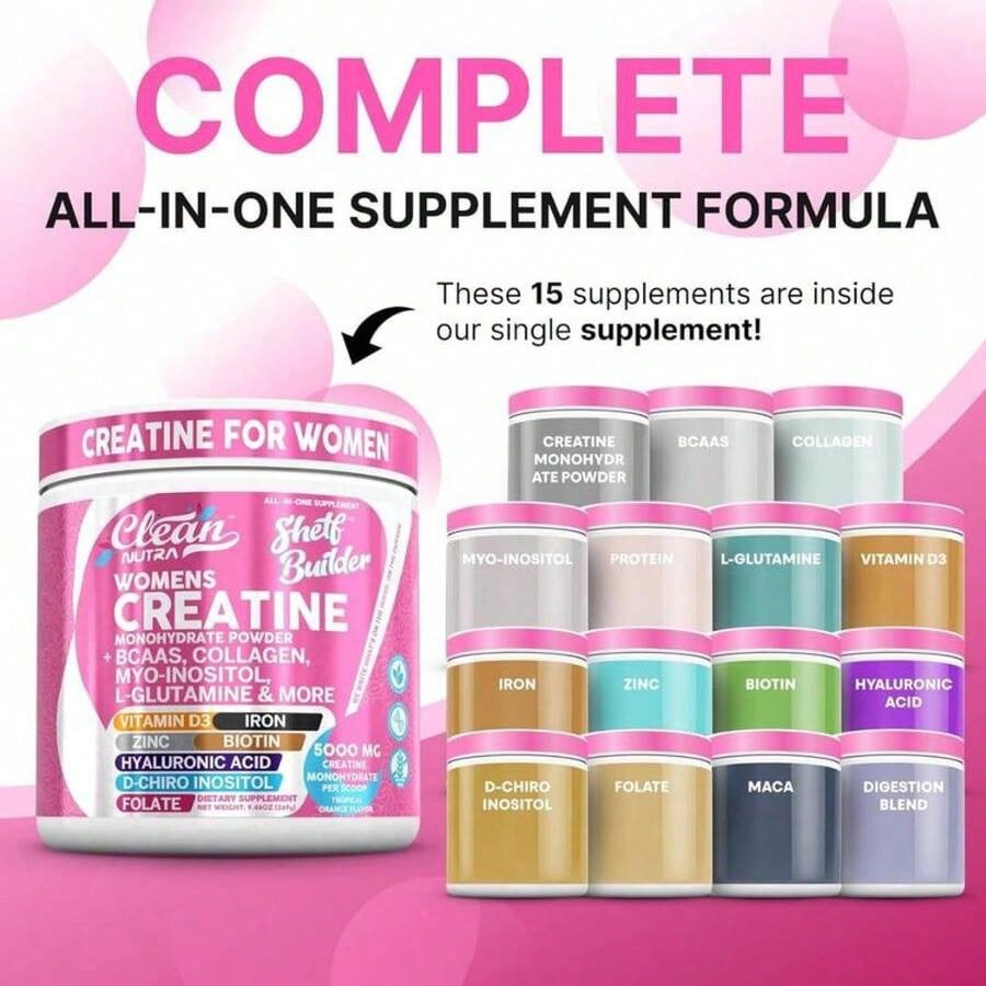 CleanNutra Women's Creatine Monohydrate Powder | 5000mg With BCAAs, Collagen, Myo-Inositol, L-Glutamine, D3, Iron, Zinc, Biotin, Hyaluronic Acid, Folate | Tropical Orange Flavor, 9.48oz