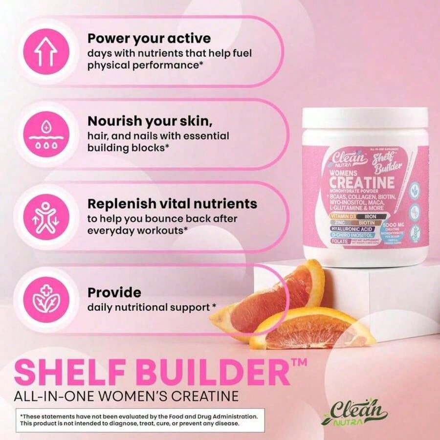 CleanNutra Women's Creatine Monohydrate Powder | 5000mg With BCAAs, Collagen, Myo-Inositol, L-Glutamine, D3, Iron, Zinc, Biotin, Hyaluronic Acid, Folate | Tropical Orange Flavor, 9.48oz