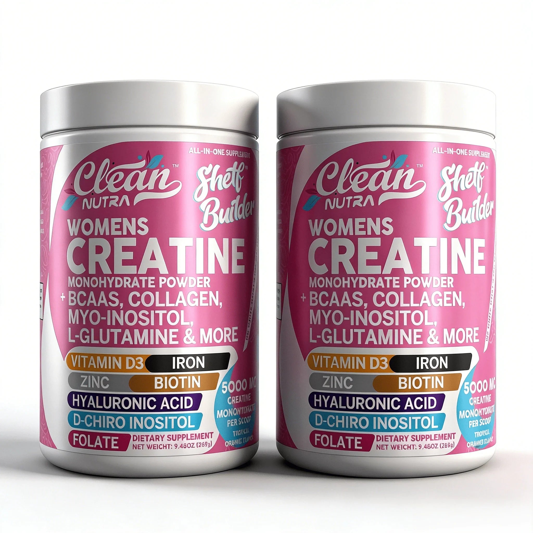 CleanNutra Women's Creatine Monohydrate Powder | 5000mg With BCAAs, Collagen, Myo-Inositol, L-Glutamine, D3, Iron, Zinc, Biotin, Hyaluronic Acid, Folate | Tropical Orange Flavor, 9.48oz