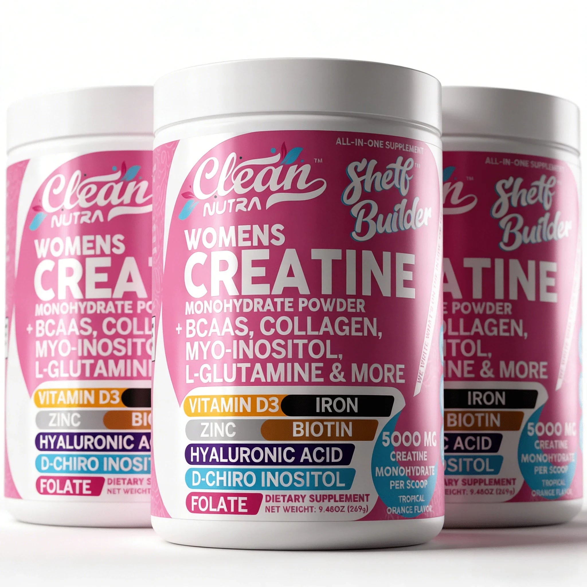 CleanNutra Women's Creatine Monohydrate Powder | 5000mg With BCAAs, Collagen, Myo-Inositol, L-Glutamine, D3, Iron, Zinc, Biotin, Hyaluronic Acid, Folate | Tropical Orange Flavor, 9.48oz