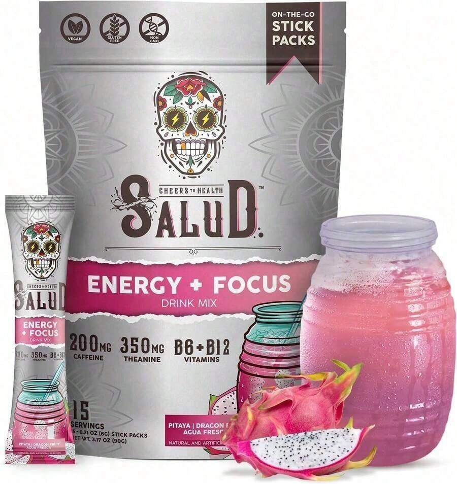 Health Energy & Focus Drink Mix – Dragon Fruit Agua Fresca Powder | Organic Caffeine, L-Theanine, L-Tyrosine, Taurine, Vitamins B6 & B12 | Low Sugar, Vegan – 15 Packets
