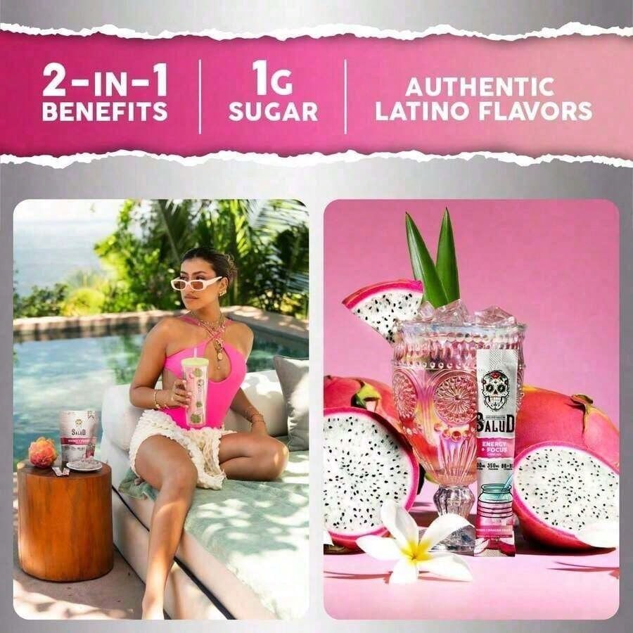 Health Energy & Focus Drink Mix – Dragon Fruit Agua Fresca Powder | Organic Caffeine, L-Theanine, L-Tyrosine, Taurine, Vitamins B6 & B12 | Low Sugar, Vegan – 15 Packets