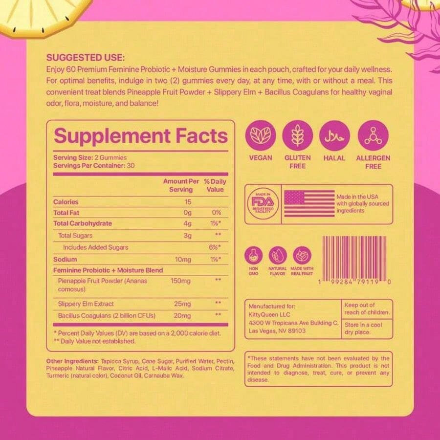 Kitty Queen Slippery Kitty Feminine Probiotic + Moisture Gummies | Pineapple Flavor | 30 Gummies (60 Servings) | With Slippery Elm | Supports PH Balance, Odor Control & Vaginal Moisture | Dietary Supplement