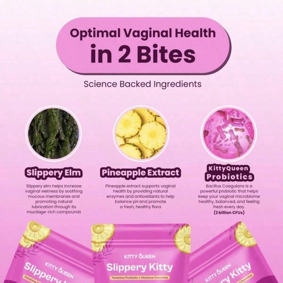 Kitty Queen Slippery Kitty Feminine Probiotic + Moisture Gummies | Pineapple Flavor | 30 Gummies (60 Servings) | With Slippery Elm | Supports PH Balance, Odor Control & Vaginal Moisture | Dietary Supplement