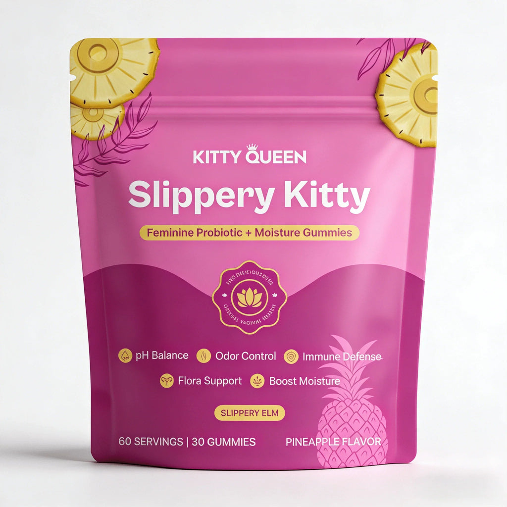 Kitty Queen Slippery Kitty Feminine Probiotic + Moisture Gummies | Pineapple Flavor | 30 Gummies (60 Servings) | With Slippery Elm | Supports PH Balance, Odor Control & Vaginal Moisture | Dietary Supplement
