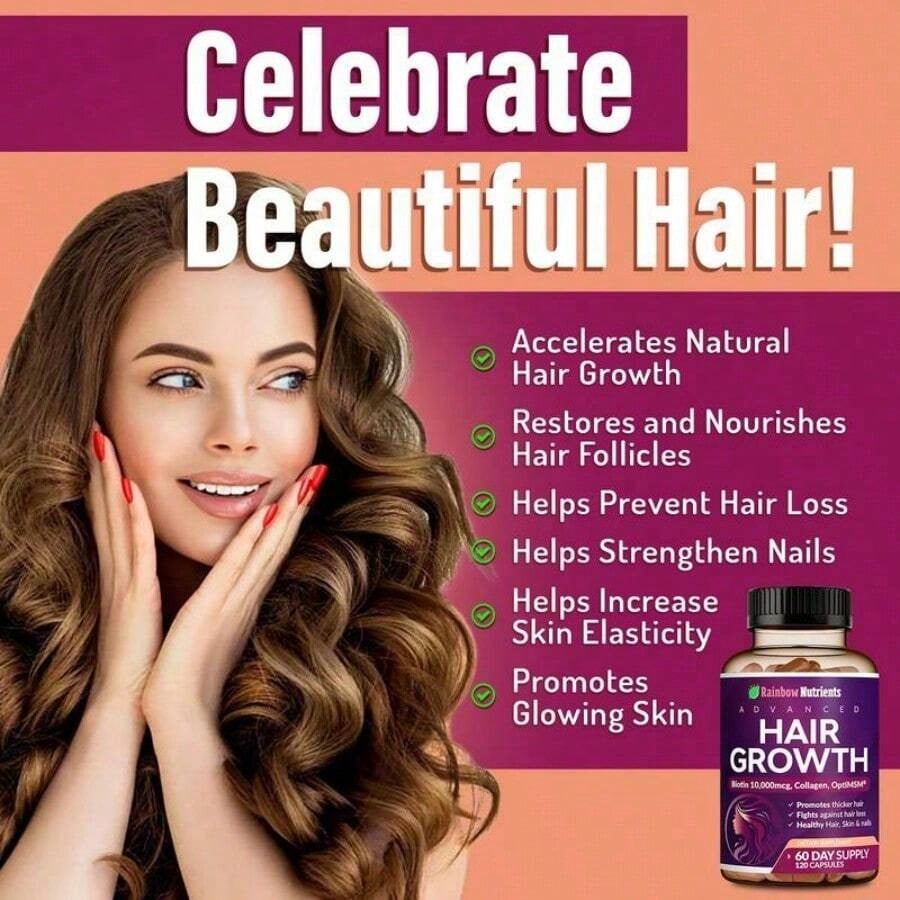 Rainbow Nutrients Advanced Hair Growth Supplement - Biotin 10,000mcg, Collagen, OptiMSM | 60-Day Supply (120 Capsules) - America's # 1 Hair Growth Product