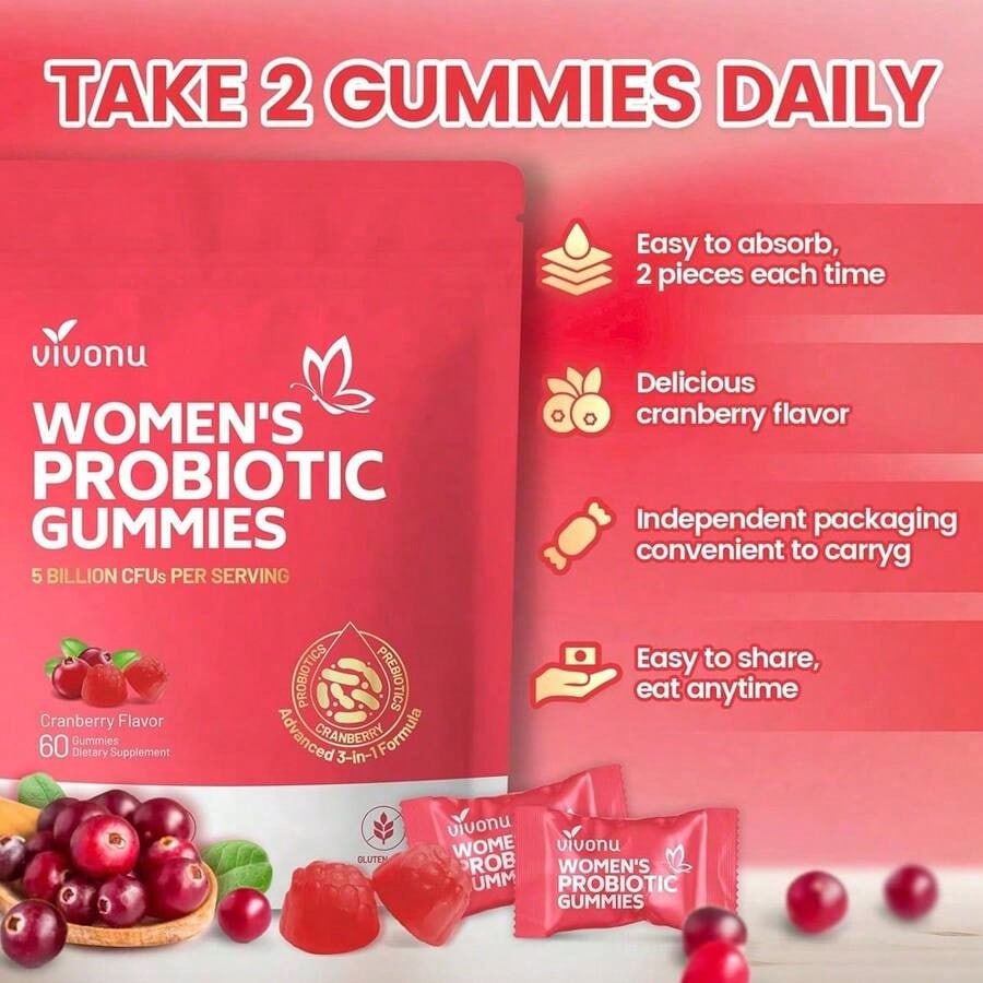 Vivonu Women's Probiotic Gummies | 5 Billion CFUs | 3-In-1 Formula (Probiotics + Prebiotics + Cranberry) | Cranberry Flavor | No Sugar, Non-GMO | 60 Gummies | Dietary Supplement