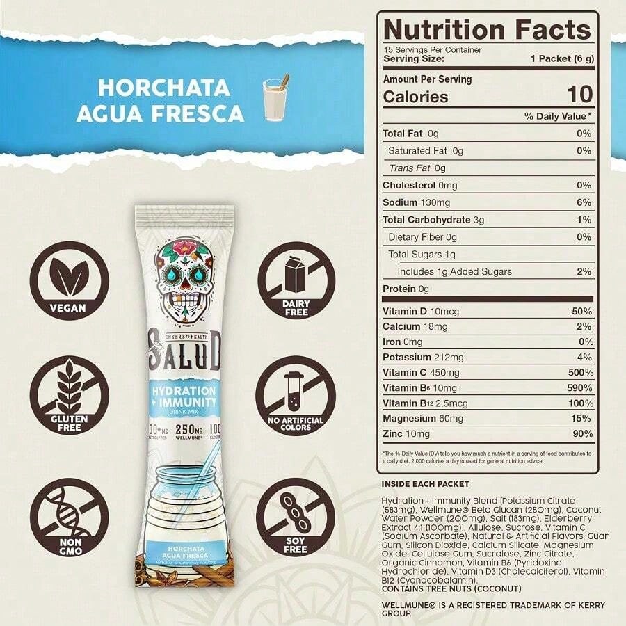 Salud 2-In-1 Hydration + Immunity Electrolyte Powder – Horchata Agua Fresca (15 Servings)