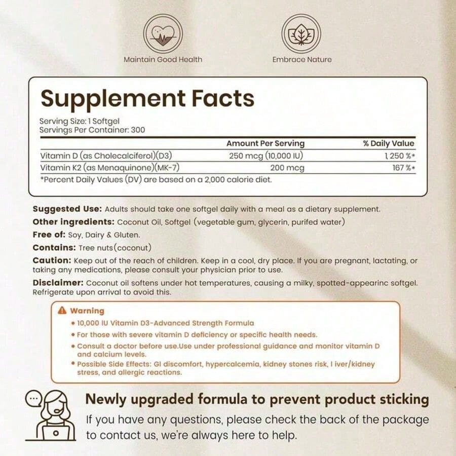 VEV Corefeel Vitamin D3 K2 10000 , 300 Virgin Coconut Oil Softgels,2in 1 Vitamins Supplement D & K, Dietary Supplemental Pack