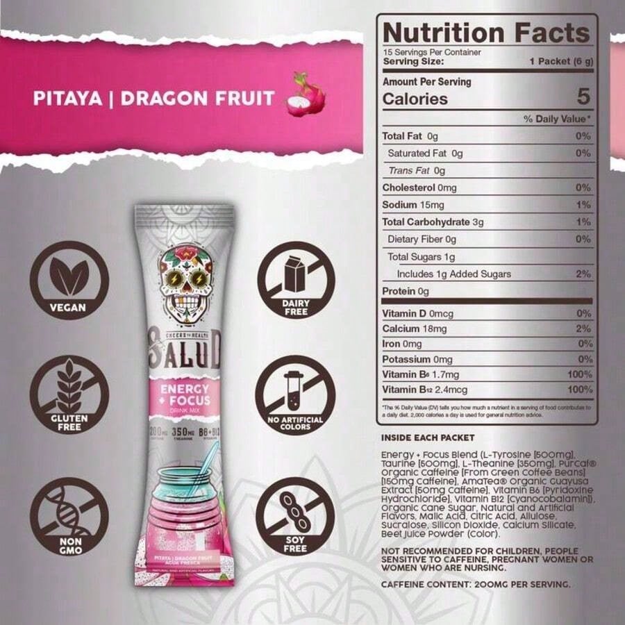 Salud 2-In-1 Energy & Focus Drink Mix With 200mg Organic Caffeine, Pitaya (Dragon Fruit) Flavor, 350mg L-Theanine & 500mg L-Tyrosine, Clean Energy Drink, Vegan, Non-GMO, Gluten Free - Beverage