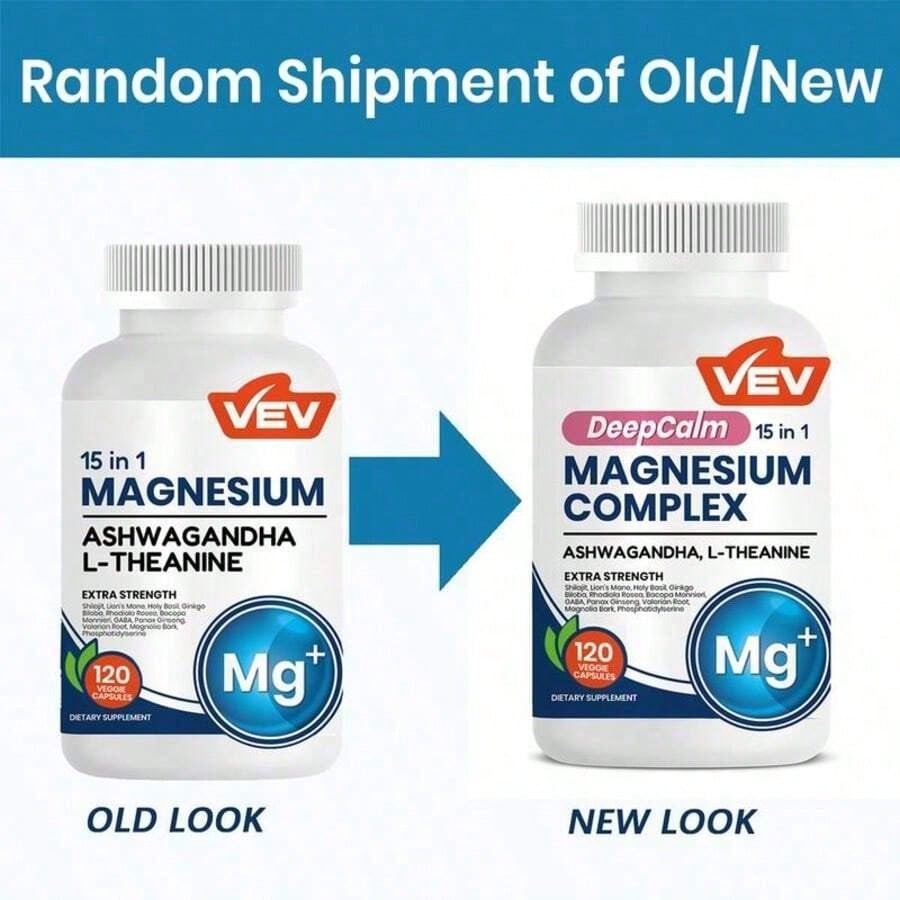 VEV DeepCalm Magnesium Complex 15-In-1 With Magnesium Glycinate, Citrate, Malate, Ashwagandha & L-Theanine, 120 Capsules"