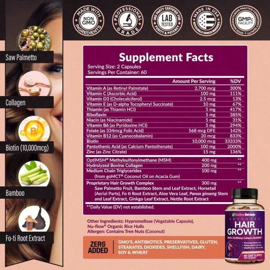 24-In-1 Advanced Hair Growth Vitamins | Biotin 10,000mcg, Collagen, Patented OptiMSM, GoMCT, Saw Palmetto | Naturally Regrow Stronger & Healthier Hair, Skin And Nails | Stops Hair Loss | 60 Day Supply