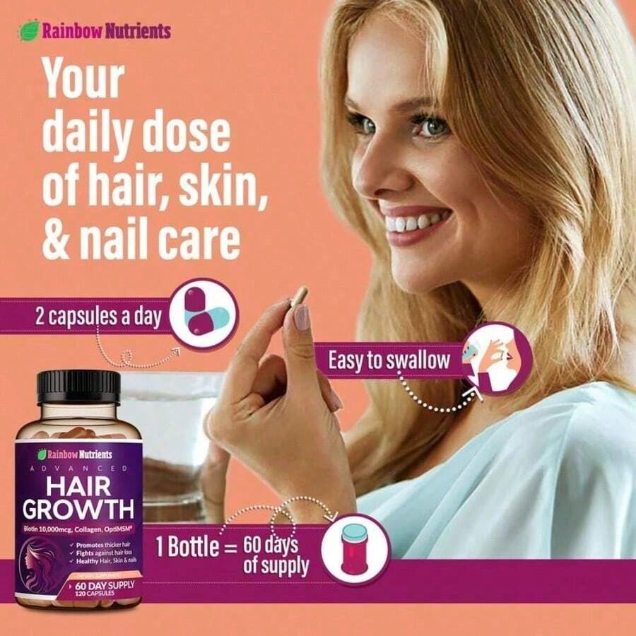 24-In-1 Advanced Hair Growth Vitamins | Biotin 10,000mcg, Collagen, Patented OptiMSM, GoMCT, Saw Palmetto | Naturally Regrow Stronger & Healthier Hair, Skin And Nails | Stops Hair Loss | 60 Day Supply