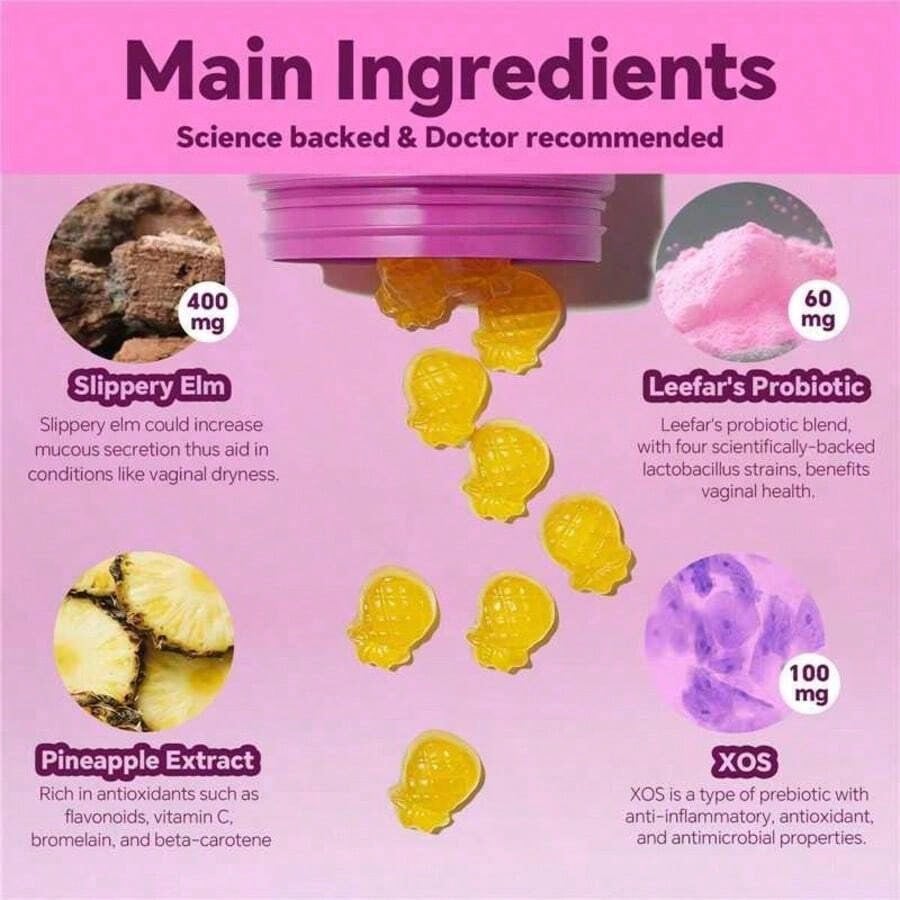 LEEFAR Her Juicy Feminine Probiotics Gummies- All In One Solution With Slippery Elm And Prebiotics&Lactobacillus Probiotic Blend For Women's PH Balance And Dryness - Hawaiian Pineapple Gummies 60 Count Hawaiian Pineapple Women's Probiotic