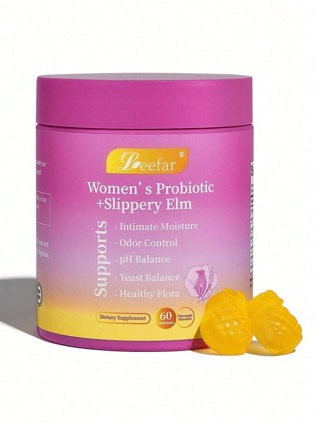 LEEFAR Women's Probiotic Gummies With Slippery Elm - Tropical Pineapple Flavor For PH Balance Digestive & Immune Health - 60 Gummies Per Pack