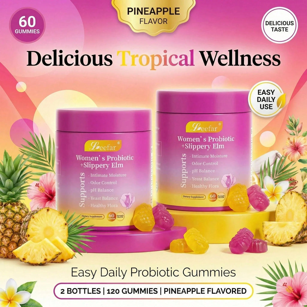 LEEFAR Women's Probiotic Gummies With Slippery Elm - Tropical Pineapple Flavor For PH Balance Digestive & Immune Health - 60 Gummies Per Pack