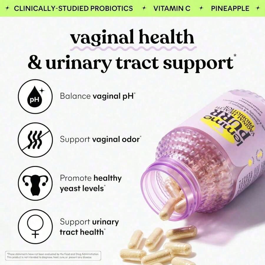 Lemme Purr Vaginal Probiotics – Feminine Wellness & PH Balance Support With Pineapple & Vitamin C | 4-Strain Lactobacillus Blend | Vegan, Gluten-Free, 60 Capsules