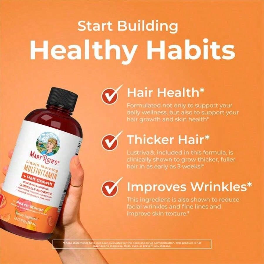 Liquid Multivitamin With – Hair Growth, Skin Smoothness & Daily Wellness | Peach Mango Flavor | Vegan | 15.22 Fl Oz