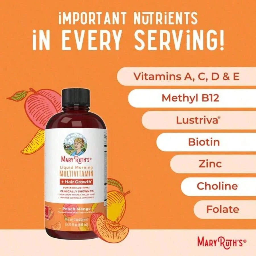 Liquid Multivitamin With – Hair Growth, Skin Smoothness & Daily Wellness | Peach Mango Flavor | Vegan | 15.22 Fl Oz