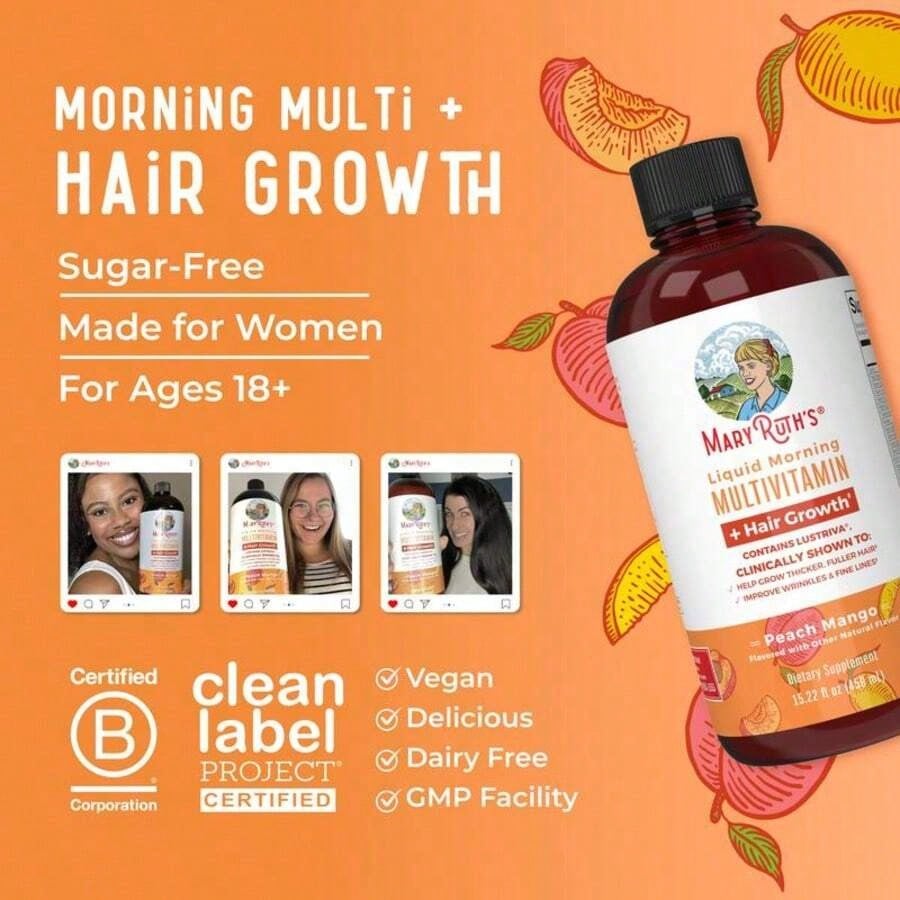 Liquid Multivitamin With – Hair Growth, Skin Smoothness & Daily Wellness | Peach Mango Flavor | Vegan | 15.22 Fl Oz