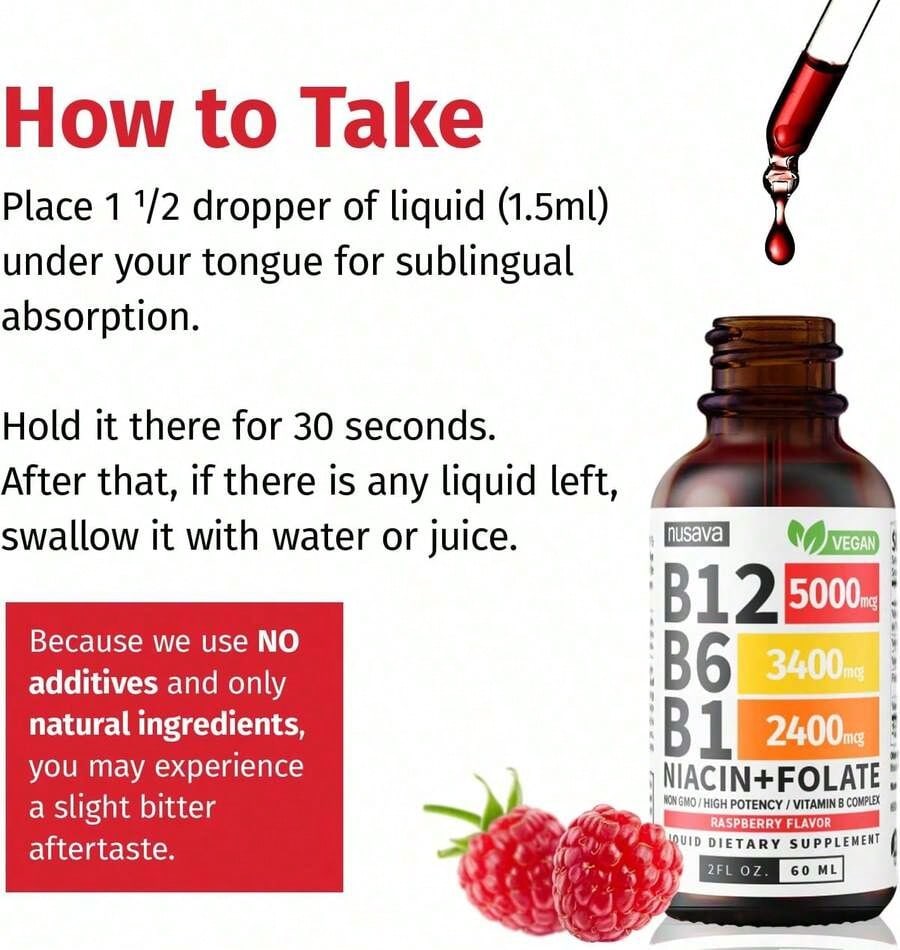 Vitamin B12 And B6 Liquid Drops, B12 Sublingual Vitamin B Complex - B 12 Vitamin 5000mcg - B12 Methylcobalamin For Energy, Brain, And Heart Support With 27,200 Mcg, Raspberry, 80 Servings